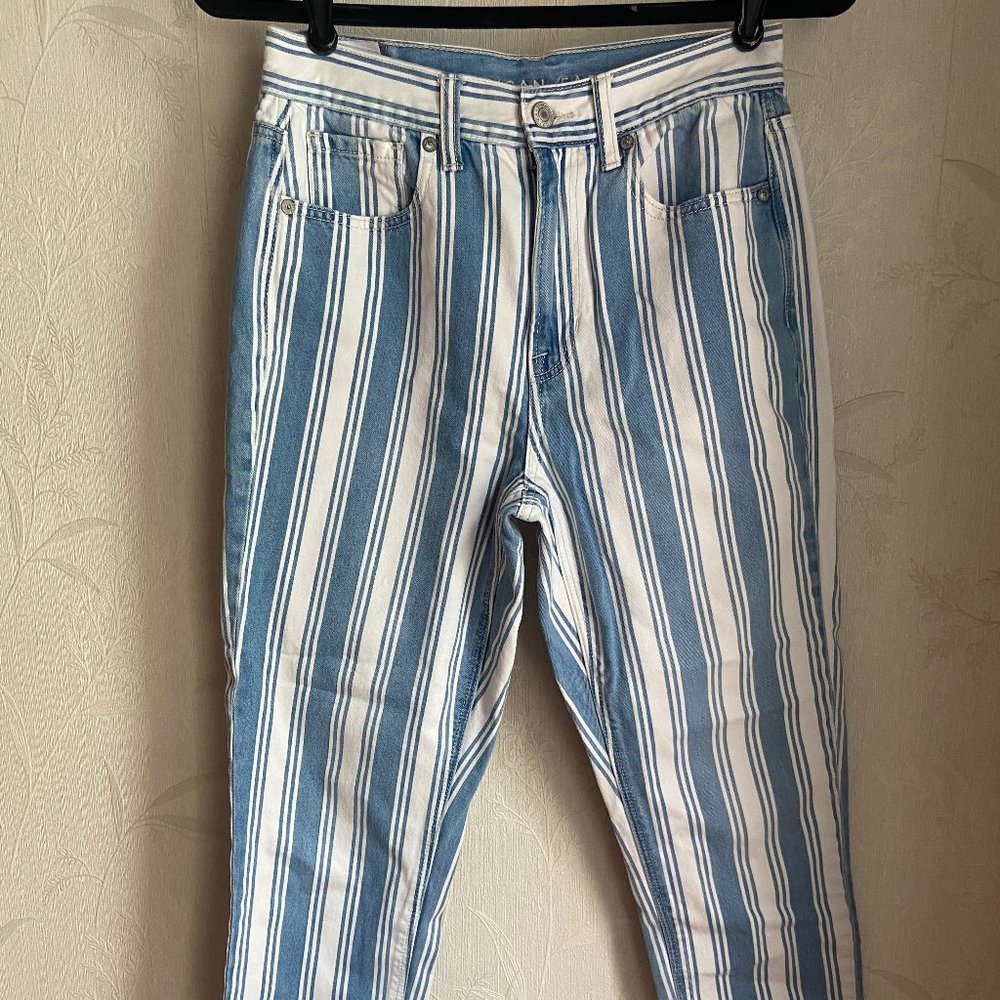 American Eagle Blue White Striped Mom Jeans Size 2 Short